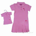 Girl's 100% cotton pique dress with short button placket, embroidery and hot drilling